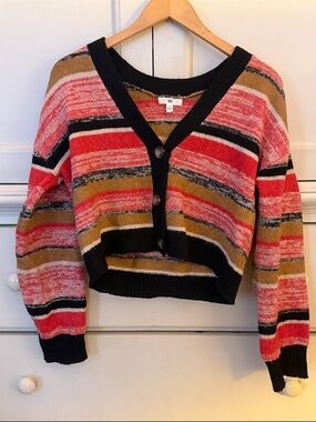 bp Cropped Striped V-Neck Button Cardigan - Red, Tan, Black